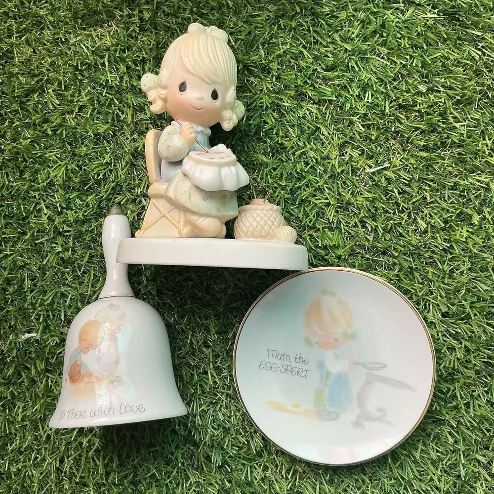 Vintage Precious Moments Mother Figurine Bell Plate Enesco 1978 3 Piece Lot